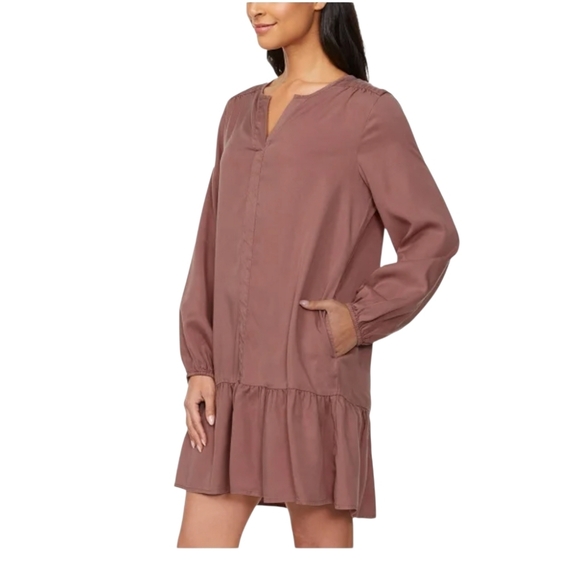 Buffalo David Bitton Mocha Brown Boho Peasant Mini Dress Pockets NWT - Picture 4 of 13